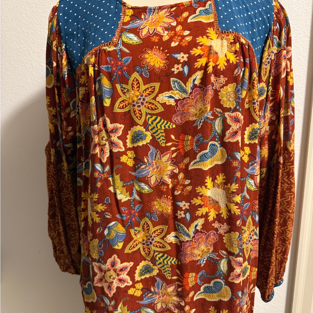 Matilda Jane Rust Floral Boho Blouse With Blue Accents
